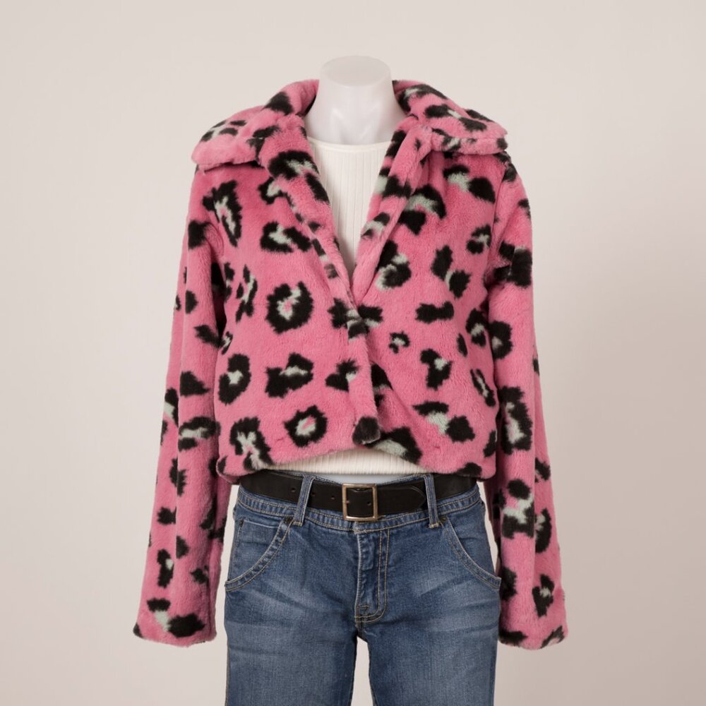Leche Cropped Pink Leopard Print Faux Fur Jacket